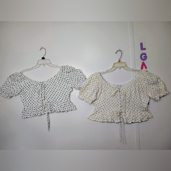 NWOT HYFVE bundle 2 Crop Top polka dots tie, puff sleeves, cotton sz L. - Picture 3 of 16